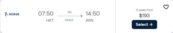 Non-stop flights from Phuket, Thailand to Stockholm, Sweden for only $193 USD one-way. Flight deal ticket image.