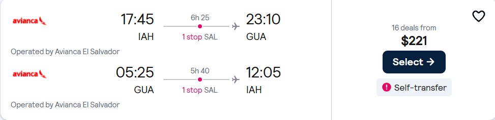 Cheap flights from Houston, Texas to Guatemala City, Guatemala for only $221 roundtrip. Flight deal ticket image.