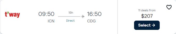Non-stop flights from Seoul, South Korea to Paris, France for only $207 USD one-way. Flight deal ticket image.