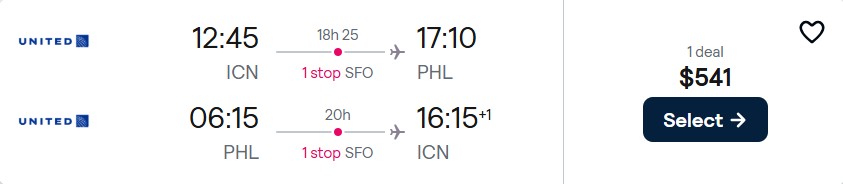 Cheap flights from Seoul, South Korea to Philadelphia, USA for only $541 USD roundtrip with United Airlines. Flight deal ticket image.