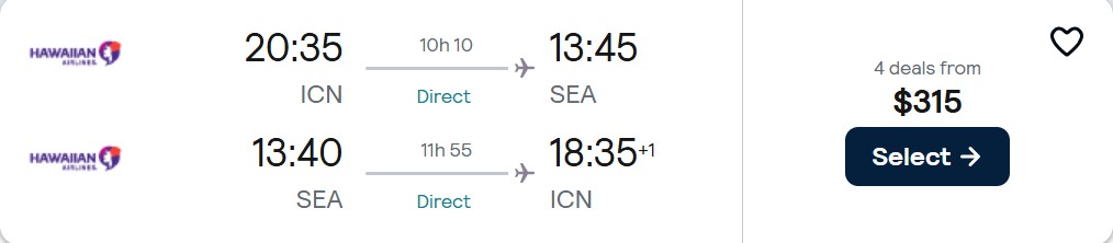 Non-stop flights from Seoul, South Korea to Seattle, USA for only $315 USD roundtrip with Hawaiian Airlines. Flight deal ticket image.