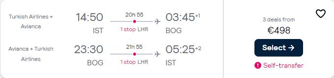 Cheap flights from Istanbul, Turkey to Bogota, Colombia for only €498 roundtrip with Turkish Airlines and Avianca. Flight deal ticket image.