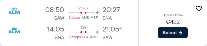Cheap flights from Istanbul, Turkey to Santa Ana, California for only €422 roundtrip with Delta Air Lines. Flight deal ticket image.