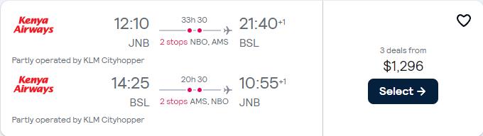 Click here to book this cheap flight deal. Business Class, summer flights from Johannesburg, South Africa to Basel or Zurich, Switzerland from only $1286 USD roundtrip with KLM. Flight deal ticket image.