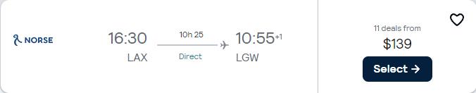 Non-stop, summer flights from Los Angeles to London, UK for only $139 one-way. Flight deal ticket image.