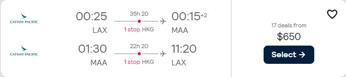 Summer flights from Los Angeles to Chennai, India for only $650 roundtrip with Cathay Pacific. Flight deal ticket image.