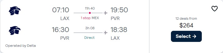 Click here to book this cheap flight deal. Summer flights from Los Angeles to Puerto Vallarta, Mexico for only $264 roundtrip with Aeromexico and Delta Air Lines. Flight deal ticket image.