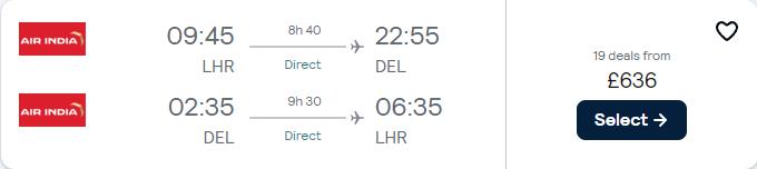 Click here to book this cheap flight deal. Premium Economy flights from London, UK to Delhi, India for only £636 roundtrip. Flight deal ticket image.