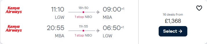 Click here to book this cheap flight deal. Business Class flights from London, UK to Mombasa, Kenya for only £1368 roundtrip. Flight deal ticket image.