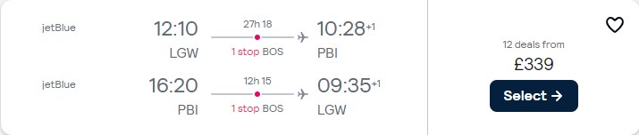 Cheap flights from London, UK to West Palm Beach, Florida for only £339 roundtrip with JetBlue. Flight deal ticket image.