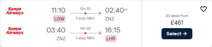 Click here to book this cheap flight deal. Cheap flights from London, UK to Zanzibar, Tanzania for only £461 roundtrip. Flight deal ticket image.