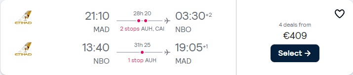 Cheap flights from Madrid or Barcelona, Spain to Nairobi, Kenya from only €409 roundtrip with Etihad Airways. Flight deal ticket image.