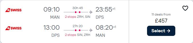 Cheap flights from Manchester, UK to Indonesian cities from only £457 roundtrip with Swiss International Air Lines and Singapore Airlines. Flight deal ticket image.
