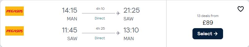 Non-stop flights from Manchester, UK to Istanbul, Turkey for only £89 roundtrip. Flight deal ticket image.