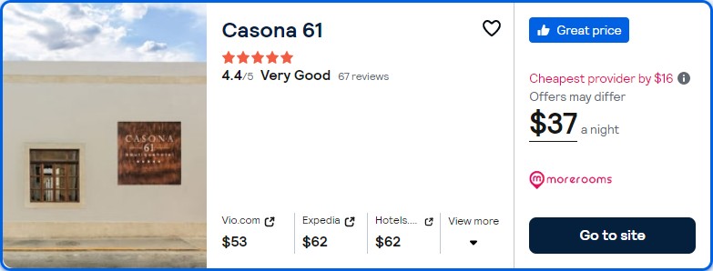 Click here to book this cheap flight deal. Stay at the 5* Casona 61 in Merida, Mexico for only $37 USD per night. Flight deal ticket image.
