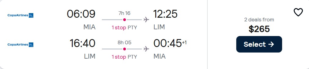 Cheap flights from US cities to Lima, Peru from only $265 roundtrip with Copa Airlines. Flight deal ticket image.