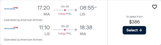 Cheap flights from Miami to Lisbon, Portugal for only $386 roundtrip with American Airlines. Flight deal ticket image.