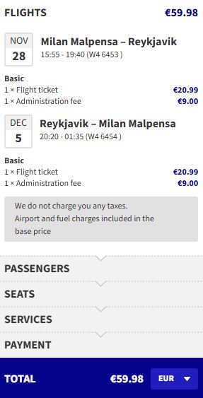 Click here to book this cheap flight deal. Flights from Milan, Italy to Reykjavik, Iceland for only €59 roundtrip. Flight deal ticket image.