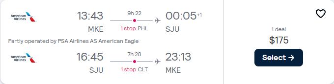 Cheap flights from Milwaukee to San Juan, Puerto Rico for only $175 roundtrip with American Airlines. Flight deal ticket image.