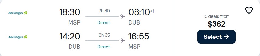 Click here to book this cheap flight deal. Non-stop flights from Minneapolis to Dublin, Ireland for only $362 roundtrip with Aer Lingus. Flight deal ticket image.