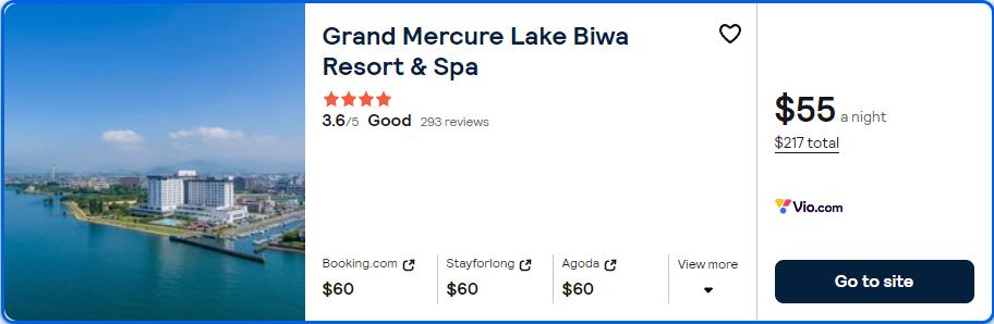 Stay at the 4* Grand Mercure Lake Biwa Resort & Spa in Nagahama, Japan for only $55 USD per night. Flight deal ticket image.