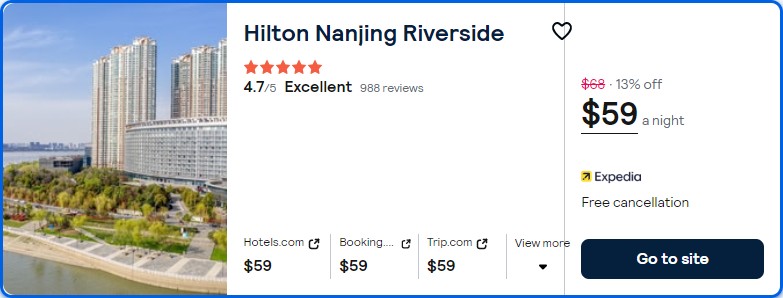 Click here to book this cheap flight deal. Stay at the 5* Hilton Nanjing Riverside in Nanjing, China for only $59 USD per night. Flight deal ticket image.