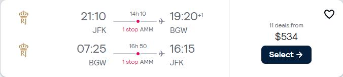 Cheap flights from New York to Baghdad, Iraq for only $534 roundtrip. Flight deal ticket image.