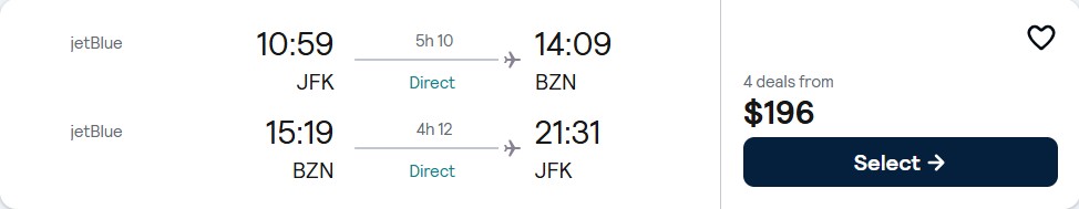Non-stop flights from New York to Bozeman for only $196 roundtrip with JetBlue. Also works in reverse. Flight deal ticket image.