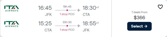 Cheap flights from New York to Sicily for only $366 roundtrip. Flight deal ticket image.