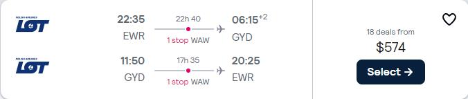 Cheap flights from New York to Baku, Azerbaijan for only $574 roundtrip with LOT Polish Airlines. Flight deal ticket image.