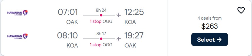 Click here to book this cheap flight deal. Cheap flights from Oakland, California to Kona, Hawaii for only $263 roundtrip with Hawaiian Airlines. Also works in reverse. Flight deal ticket image.