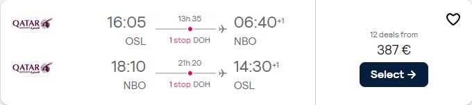 Cheap flights from Oslo, Norway to Nairobi, Kenya for only €387 roundtrip with Qatar Airways. Flight deal ticket image.
