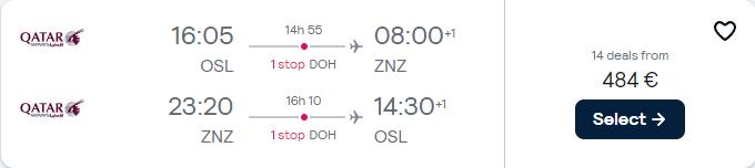 Click here to book this cheap flight deal. Cheap flights from Oslo, Norway to Zanzibar, Tanzania for only €484 roundtrip with Qatar Airways. Flight deal ticket image.