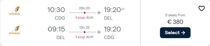 Cheap flights from Paris, France to Delhi or Mumbai, India from only €380 roundtrip with Etihad Airways. Flight deal ticket image.