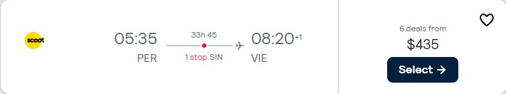 Cheap flights from Australian cities to Vienna, Austria from only $435 AUD one-way. Flight deal ticket image.
