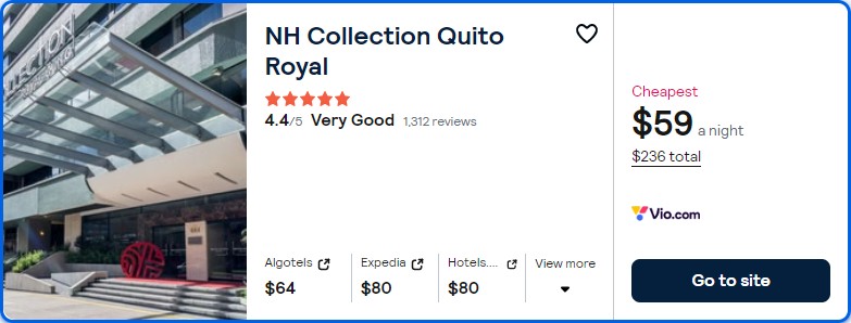 Click here to book this cheap flight deal. Stay at the 5* NH Collection Quito Royal in Quito, Ecuador for only $59 USD per night. Flight deal ticket image.