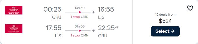 Click here to book this cheap flight deal. Cheap flights from Sao Paulo, Brazil to Lisbon, Portugal for only $524 USD roundtrip with Royal Air Maroc. Flight deal ticket image.