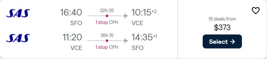 Cheap flights from San Francisco to Venice, Italy for only $373 roundtrip with Scandinavian Airlines. Flight deal ticket image.