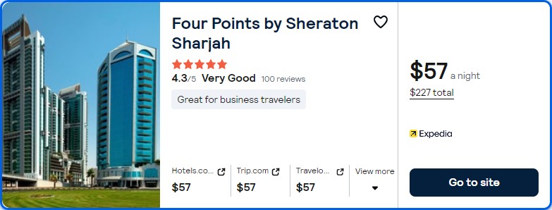 Click here to book this cheap flight deal. Stay at the 5* Four Points by Sheraton Sharjah in Sharjah, UAE for only $57 USD per night. Flight deal ticket image.