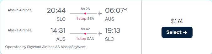 Click here to book this cheap flight deal. Summer flights from Salt Lake City, Utah to Austin, Texas for only $174 roundtrip with Alaska Airlines. Also works in reverse. Flight deal ticket image.