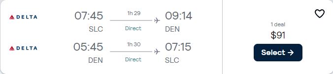 Non-stop, summer flights from Salt Lake City, Utah to Denver, Colorado for only $91 roundtrip with Delta Air Lines. Also works in reverse. Flight deal ticket image.