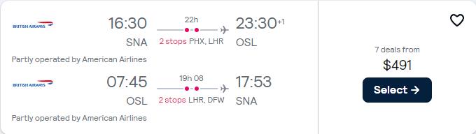 Summer flights from Santa Ana, California to Oslo, Norway for only $491 roundtrip with American Airlines and British Airways. Flight deal ticket image.