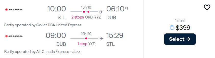 Cheap flights from St. Louis to Dublin, Ireland for only $399 roundtrip with Air Canada. Flight deal ticket image.