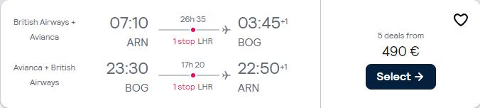 Cheap flights from Stockholm, Sweden to Bogota, Colombia for only €490 roundtrip with British Airways and Avianca. Flight deal ticket image.