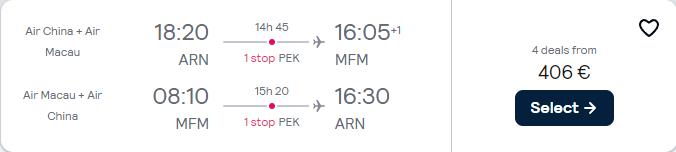 Click here to book this cheap flight deal. Cheap flights from European cities to Macau, China from only €406 roundtrip. Flight deal ticket image.