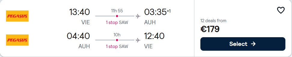 Click here to book this cheap flight deal. Cheap flights from Vienna, Austria to Abu Dhabi, UAE for only €179 roundtrip. Flight deal ticket image.