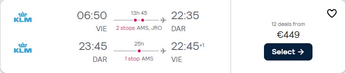 Click here to book this cheap flight deal. Cheap flights from Vienna, Austria to Dar Es Salaam, Tanzania for only €449 roundtrip with KLM. Flight deal ticket image.
