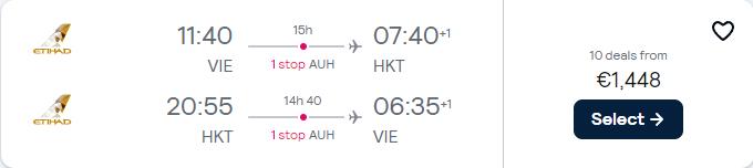 Click here to book this cheap flight deal. Business Class, summer flights from Vienna, Austria to Phuket, Thailand for only €1448 roundtrip with Etihad Airways. Flight deal ticket image.