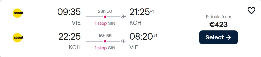 Cheap flights from Vienna, Austria to Kuching, Malaysia for only €423 roundtrip. Flight deal ticket image.