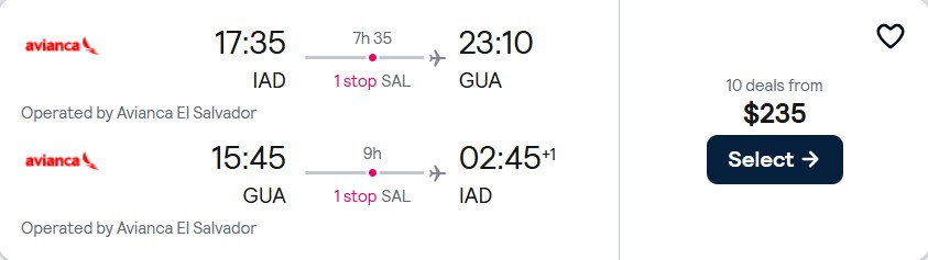 Cheap flights from Washington DC to Guatemala City, Guatemala for only $235 roundtrip. Flight deal ticket image.